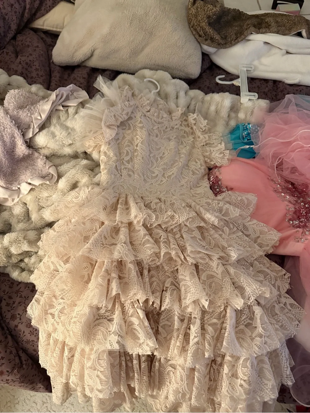 Joyfolie Ivory Lace Ruffle Formal Dress
